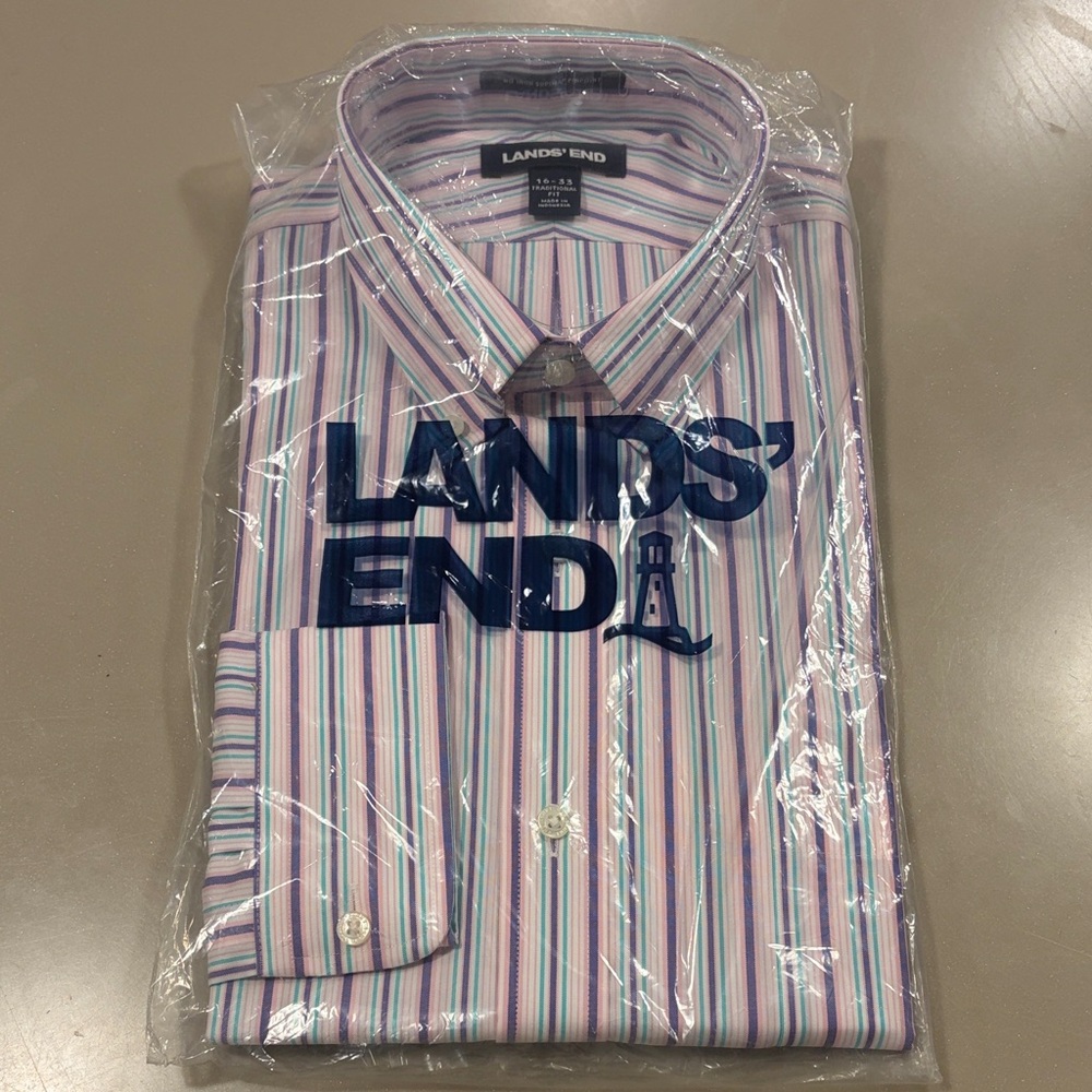 Lands' End Men's Casual Striped Shirt - Pink and Blue